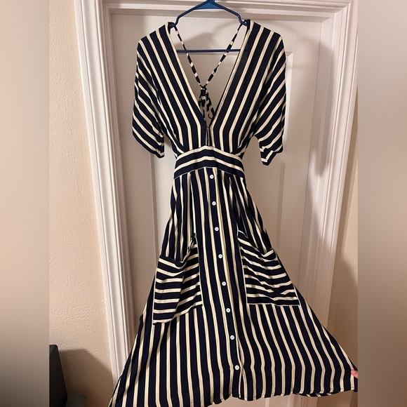 Striped V-Neck Midi Dress - Picture 1 of 5